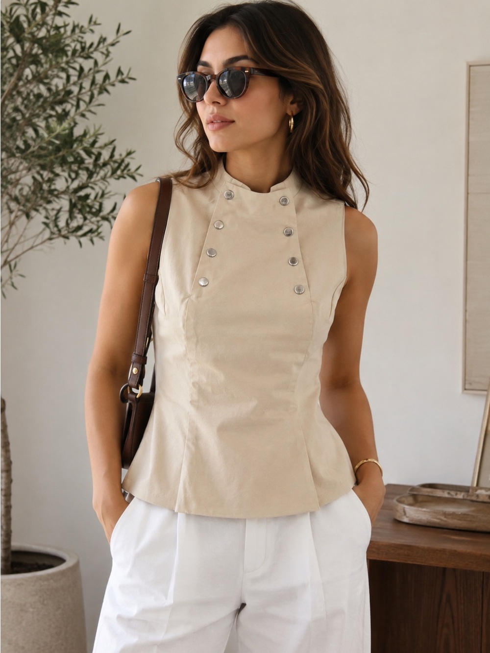 Zara Cream Military Button Peplum Top Sleeveless High Neck Minimalist NWT M